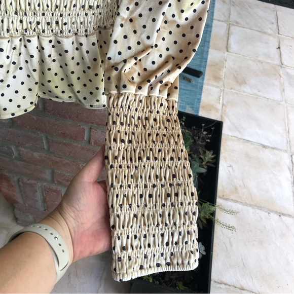 LULU’S Chic Upgrade Cream Black Polka Dot Velvet VNeck Smocked Hem Sleeves XL - Picture 6 of 10